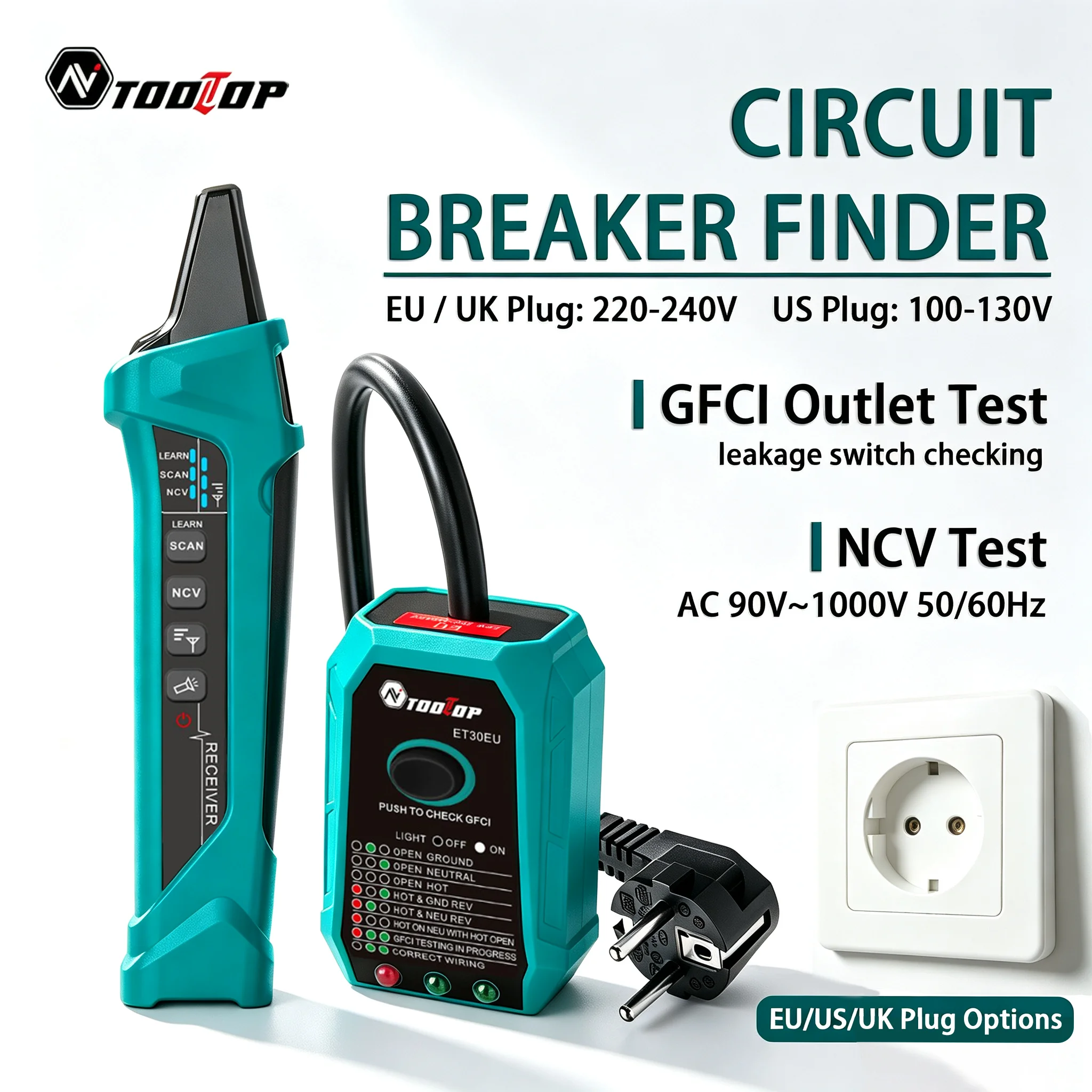 TOOLTOP ET30 GFCI Circuit Breaker Finder Socket Tester EU/US/UK Adjustable Sensitivity Residential Electrical Circuit Diagnosis