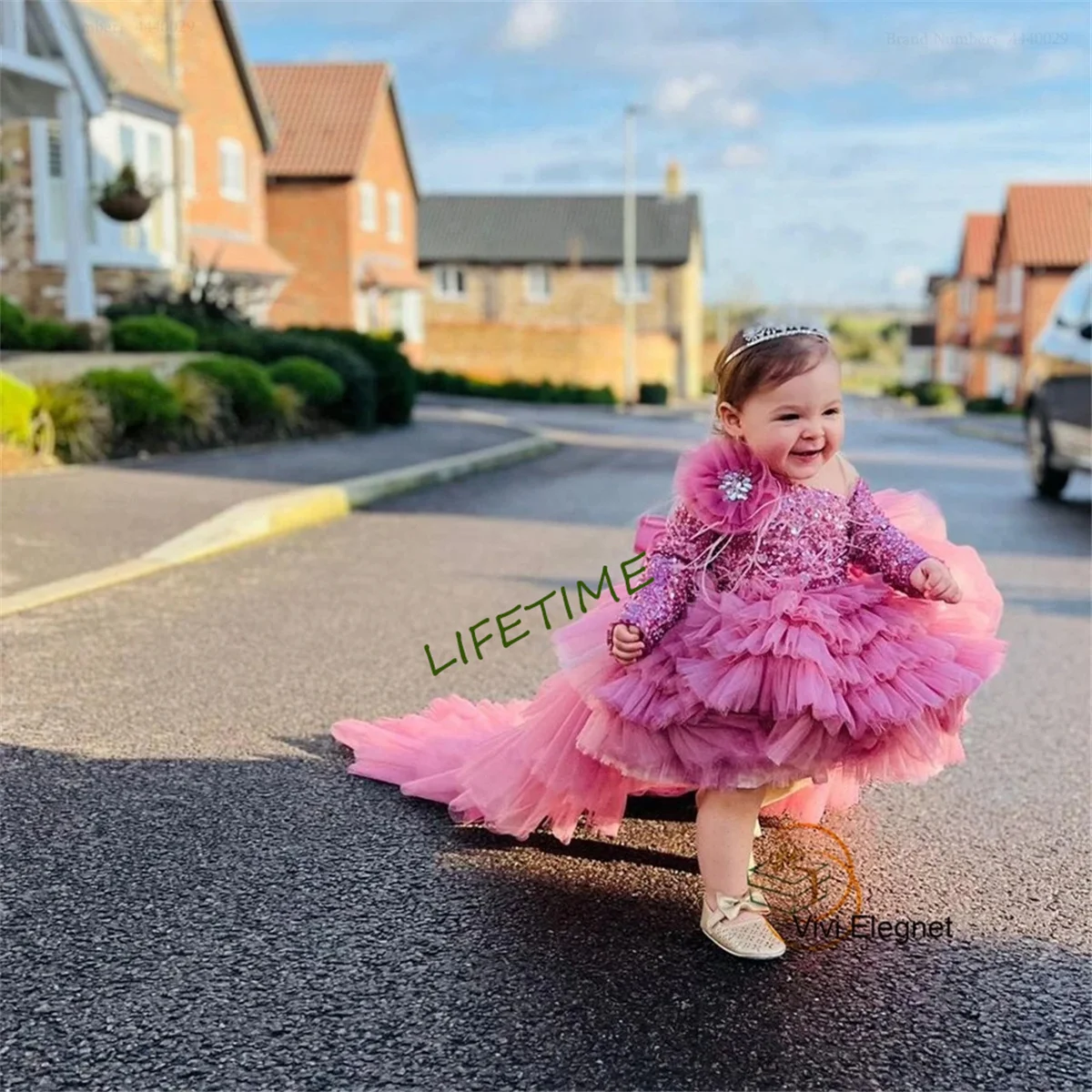 Vestidos de tren desmontable para niña, vestidos de comunión con lentejuelas, manga larga, 2023