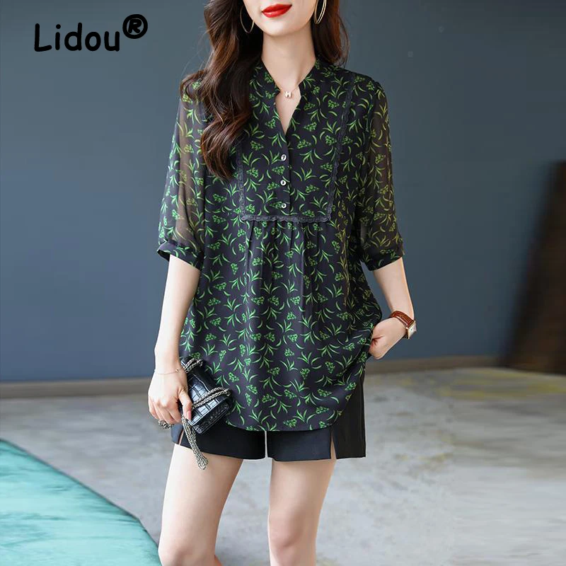 Women Lace Patchwork Elegant Middle Length Blouse Summer Trendy Print V Neck Half Sleeve Loose Shirts Irregular Tunic Tops Blusa