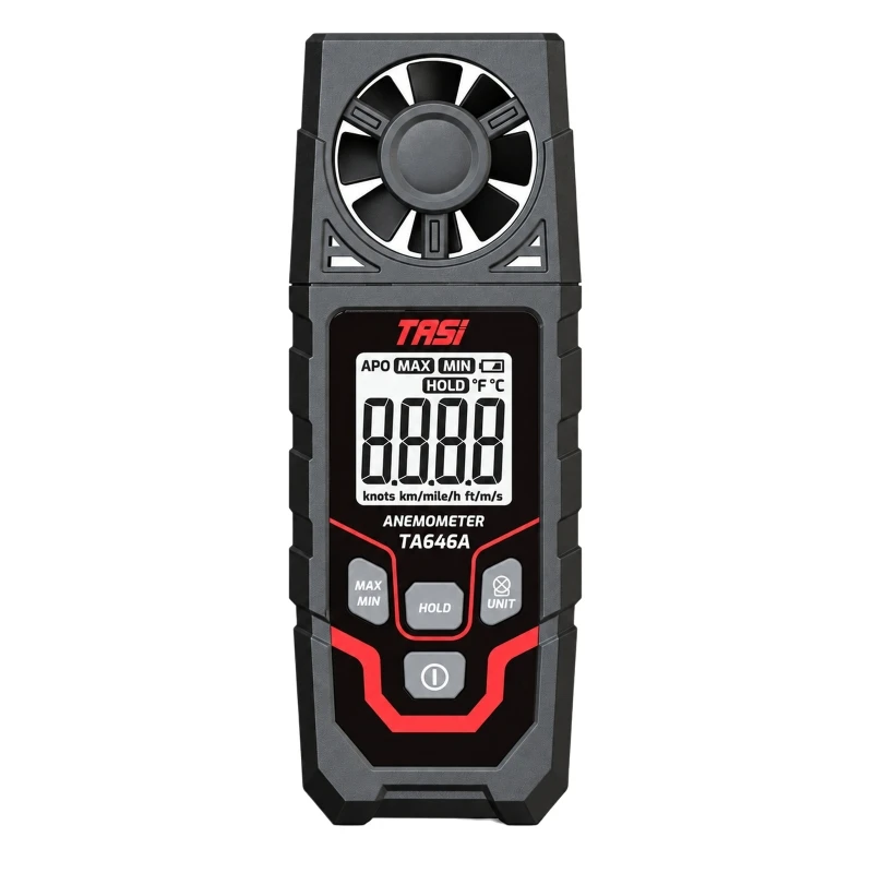 Handheld Anemometer with Wind and Temperature Measurement, Integrated Impeller, Configurable Auto-Off, Data Hold, and Built-In