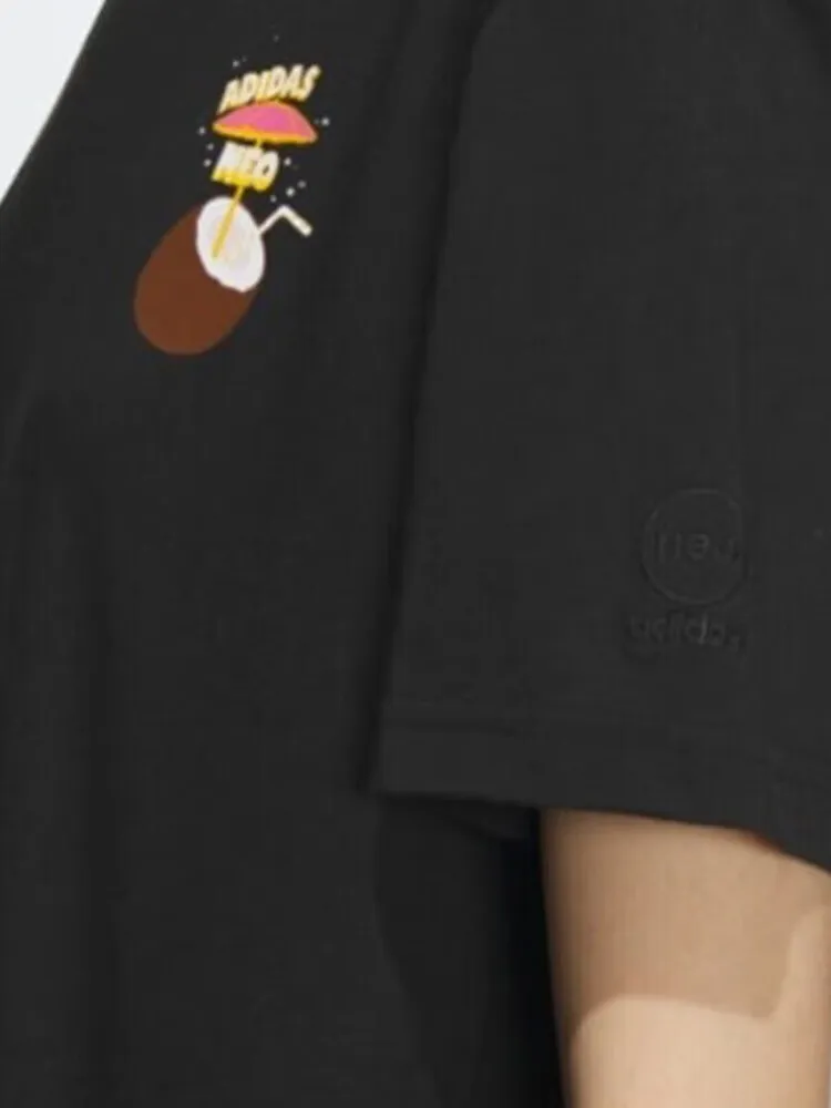 Adidas Women Black Fun Short - sleeve T - shirt, with a Featured Coconut - pattern Print. Made of Pure Cotton