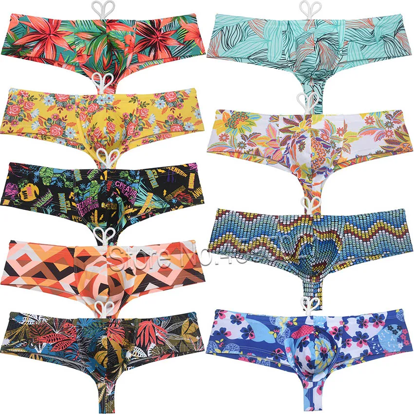 Men's Swimwear Floral Pouch Seductive Elastic Swim Briefs Board Surf Shorts Drawstring Male Boxer Swimsuits