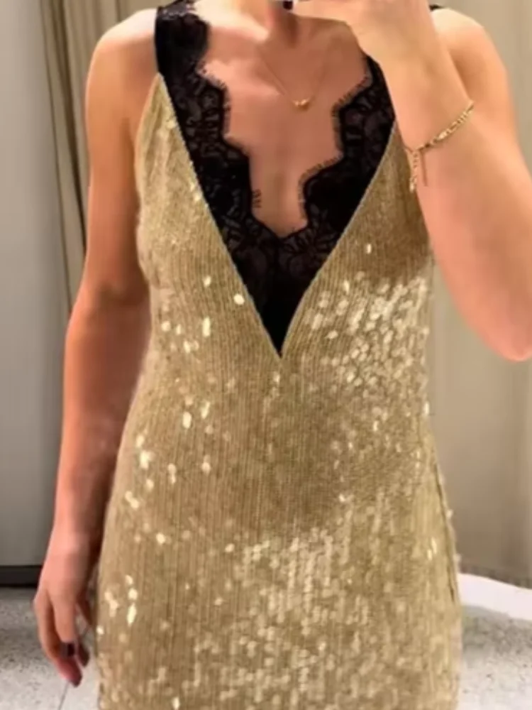 موضة الخامس الرقبة الترتر المرقعة الدانتيل فستان طويل المرأة بلا أكمام الخصر Cinched الورك المعانقة Vestidos سيدة مساء ثوب الحفلات