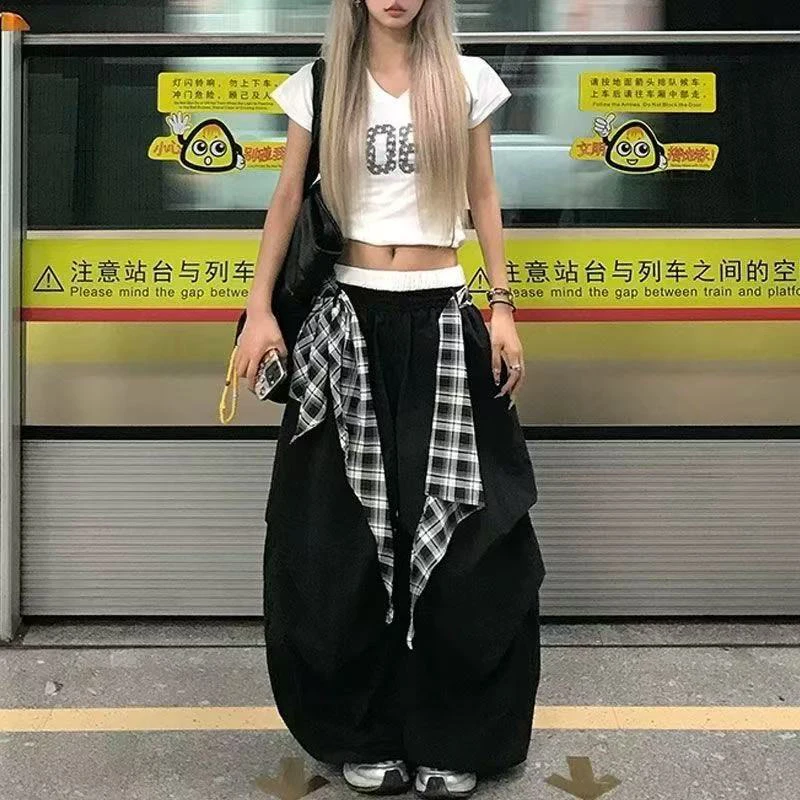

Y2K Streetwear Hip Hop Cargo Pants Women Summer High Waist Loose Plaid Patchwork Wide Leg Pants American Baggy Casual Trousers