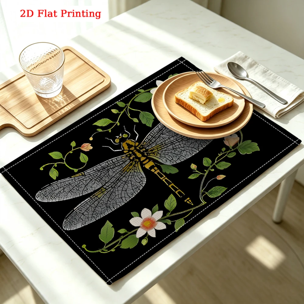 2Pcs Vintage Dragonfly Placemat Black Floral Insect Print Table Mat Kitchen Dining Decor Heat Resistant Pad 30X40Cm