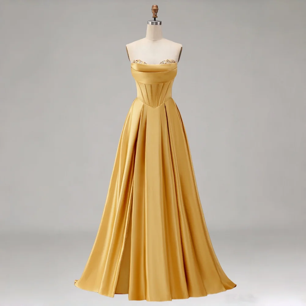Gold Satin Paneled Beads And Sequins A Line Maxi Evening Dress Sweetheart Prom Gown For Wedding Formal Party Dress 2026 New