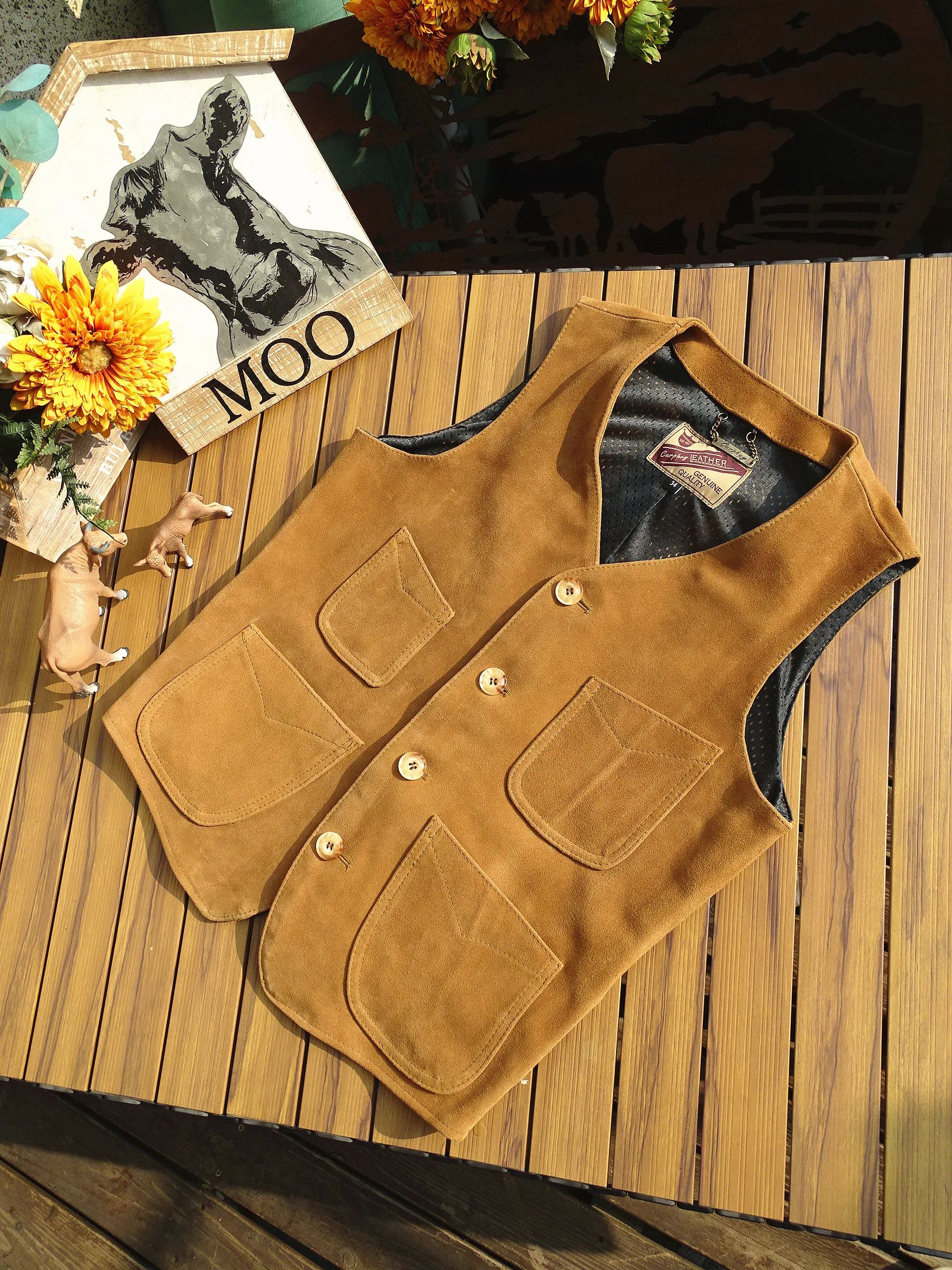Real Suede Leather Jacket Men's Slim Fit Vest Fashion Urban Casual Short Style V-Neck Single Button Closure No Sleeve