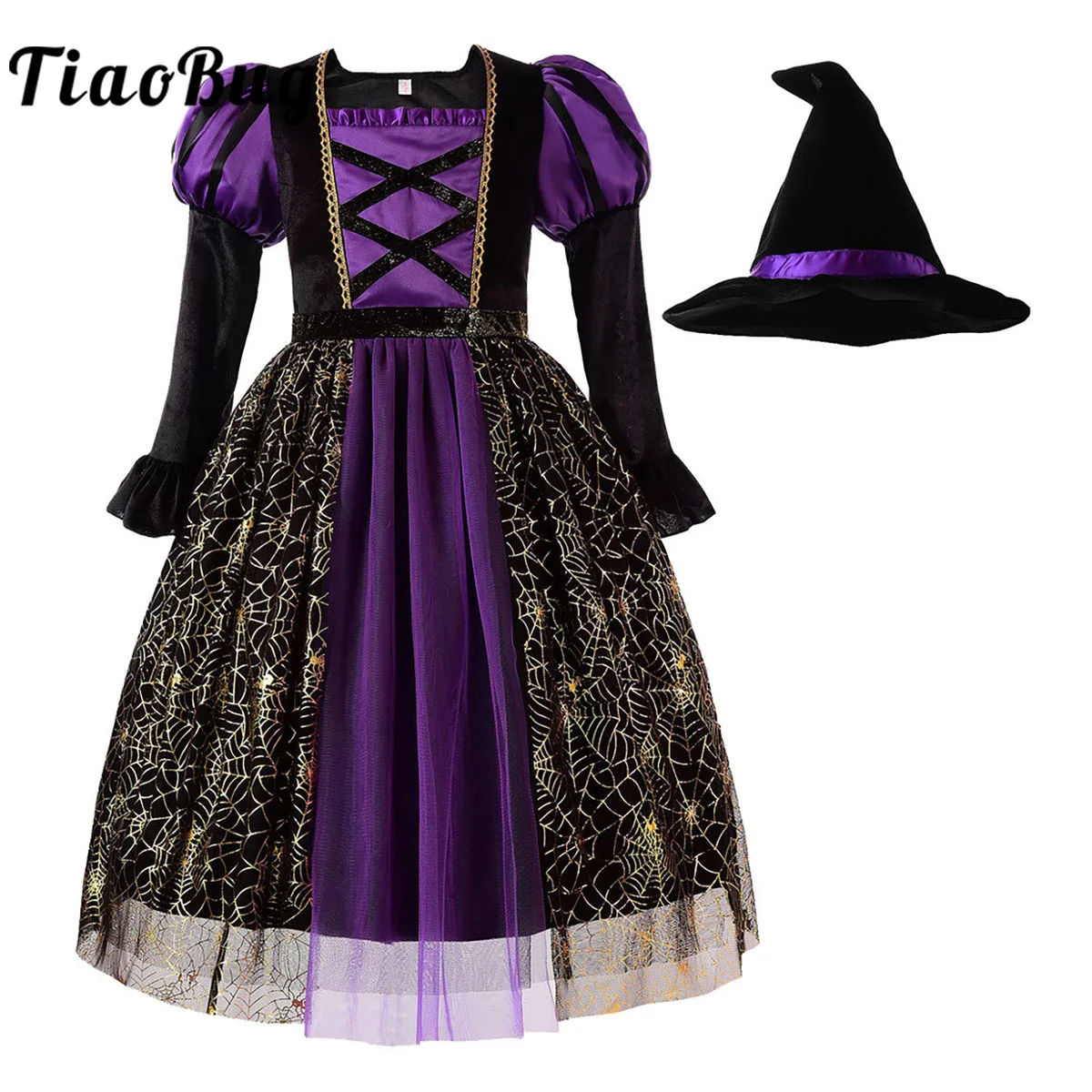 Crianças meninas halloween bruxa cosplay trajes tule malha vestido com chapéu de bruxa vestir-se manga curta tema festa roleplay roupas