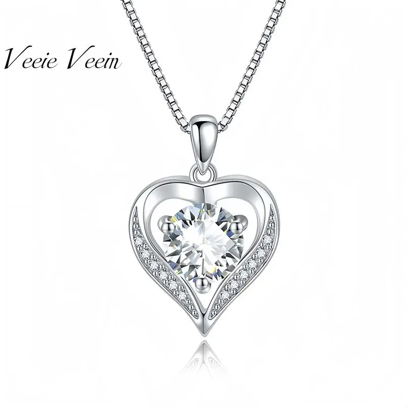 Veeie Veein, marca de lujo, superventas, collar de plata de ley S925, cadena de clavícula de moissanita para mujer, H eterno en forma de corazón