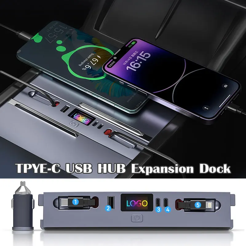 5in1 For Tesla Model Y Juniper 2025 2026 Center Console USB Hub Phone Charger 45W Fast Charging Station 12W Lightning Port