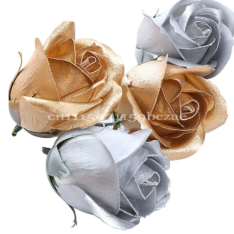 50 Stück Gold- und Silberfarbene 3-lagige Ewige Rosen, Künstliche Blütenköpfe für Hochzeitssträuße, Valentinstagsgeschenkbox, Heim- und Partydekoration – Detail 2