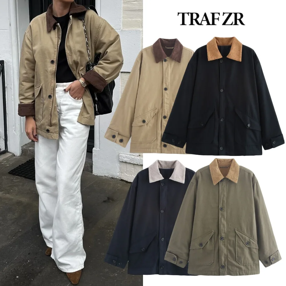 TRAF ZR jaket Lapel wanita, pakaian luar kasual nyaman High Street kontras relaksasi Vintage dalam Streetwear Mujer