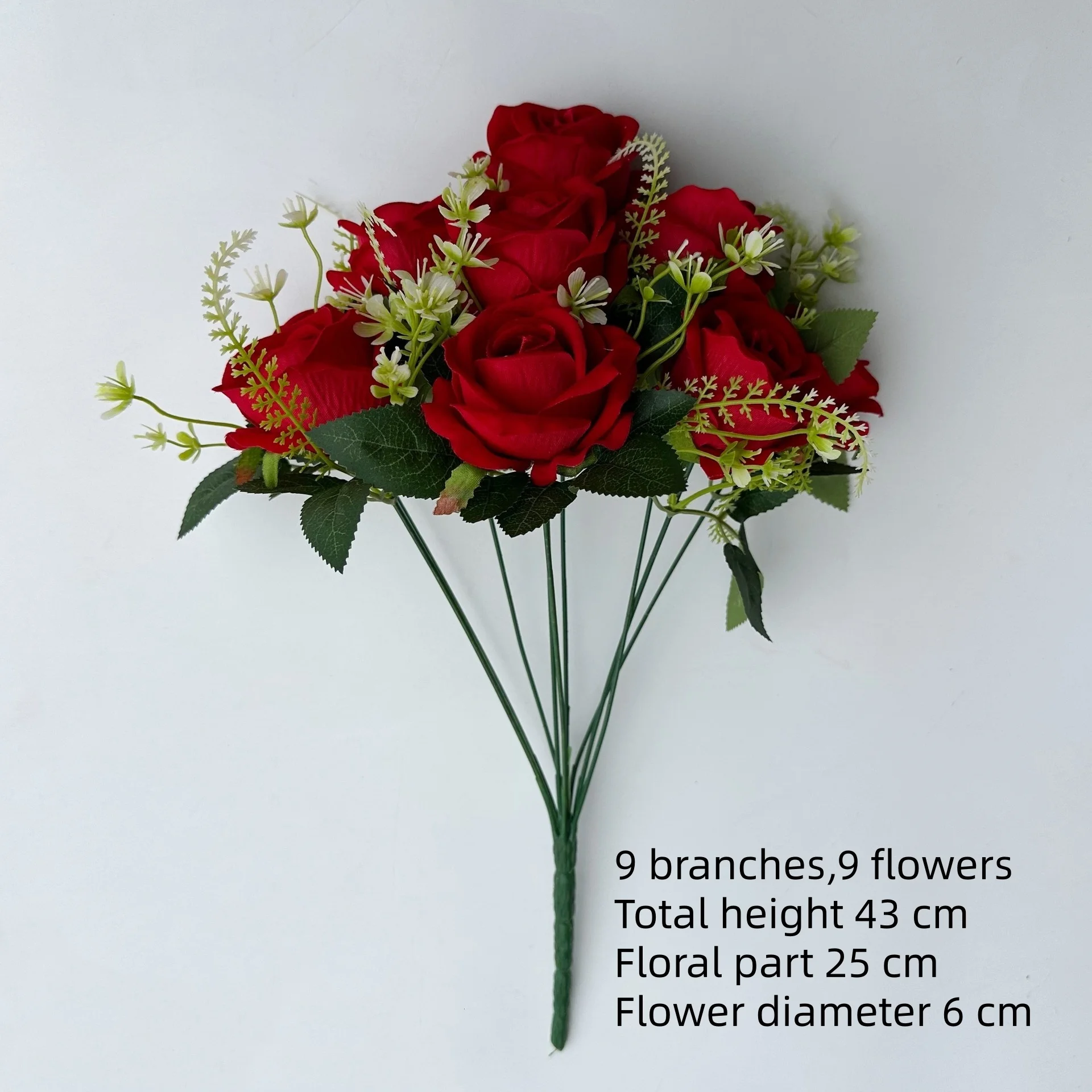 High Quality 9 Head White Faux Bouquet Ivory Roses with Green Leaves Fast Delivery