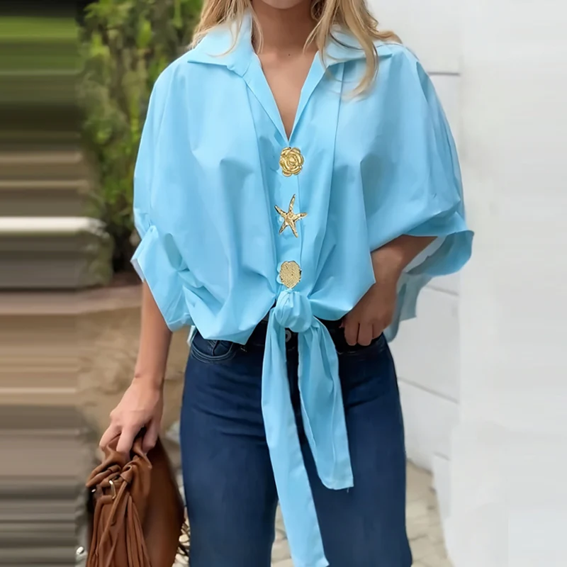 Fashion Front Gold Star Lace-up Blouses for Women Casual Turn-down Collar Loose Top Pullover Autumn Long Sleeve Streetwear Shirt