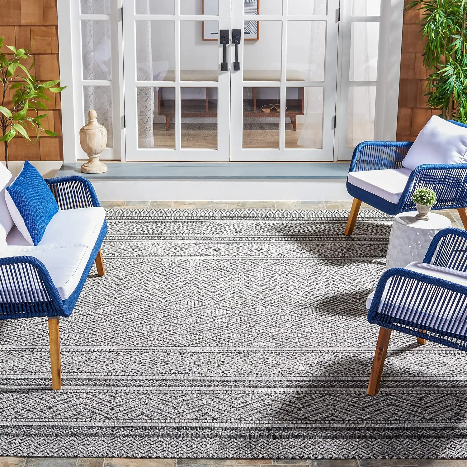 Courtyard Collection 8' x 10' Black / Grey CY8168 Indoor/ Outdoor Waterproof Easy Cleaning Patio Backyard Mudroom Area Rug