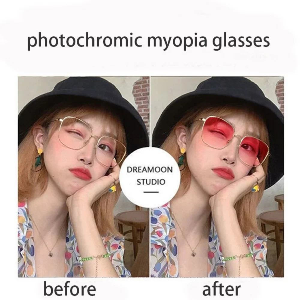 Myopia Photochromic Glasses Women Diamond Studded Oversized Square Anti Blue Light UV-proof finished glasses with degree 0~-600