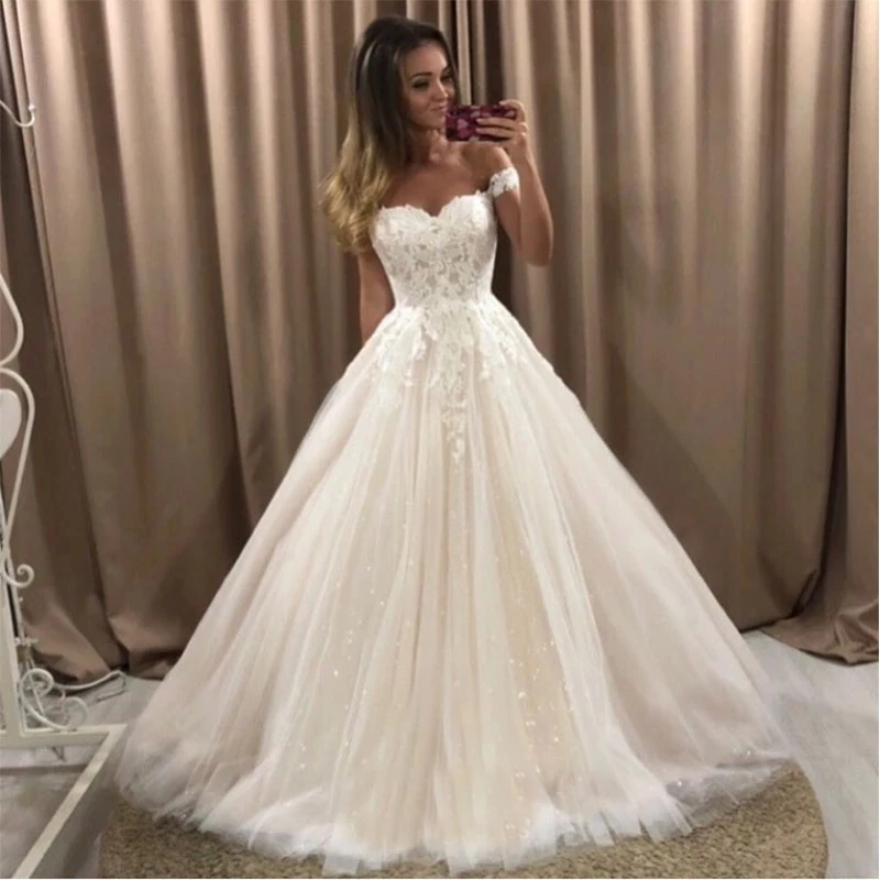 Angelsbridep Sweetheart Off-Shoulder Shiny Wedding Dress Ball Gown Vestidos De Novia Appliques Good Applique Corset Floor Length