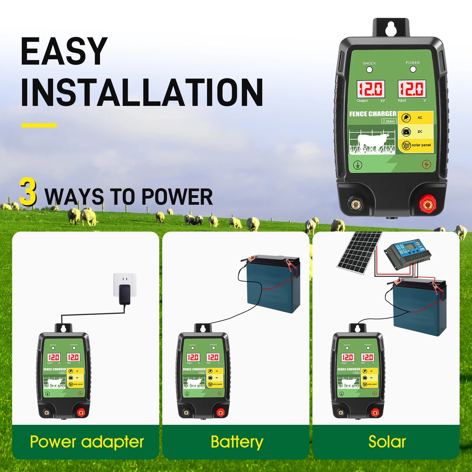 10KM Electric Fence Energizer 2J LCD Display 12V Controller For Farm Livestock Cattle Horse