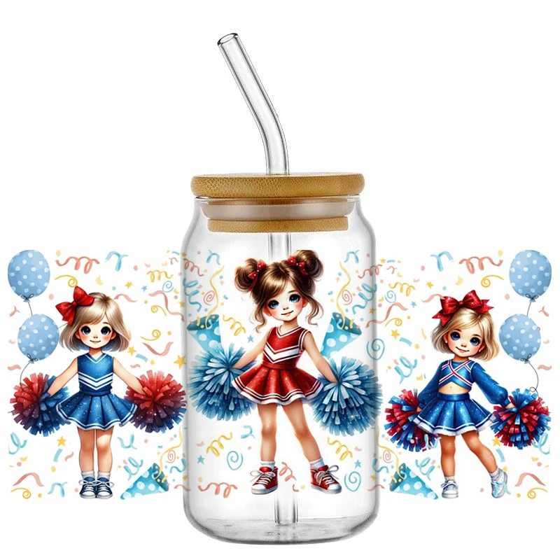 Cute Cheerleader Girl UV DTF Wraps Balloon Confetti Pom Pom Stickers Waterproof DIY Decals for 16oz Libbey Glass Cans