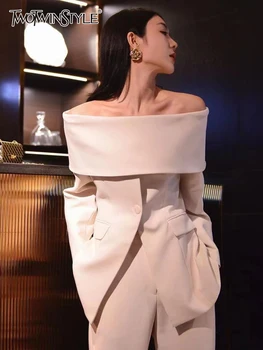 Twoskinyle-女性のためのエレガントなスラッシュカラーのブレザー,裸の肩,長袖,パッチワーク,シングルボタン,しっかりとしたコート,女性の服2022