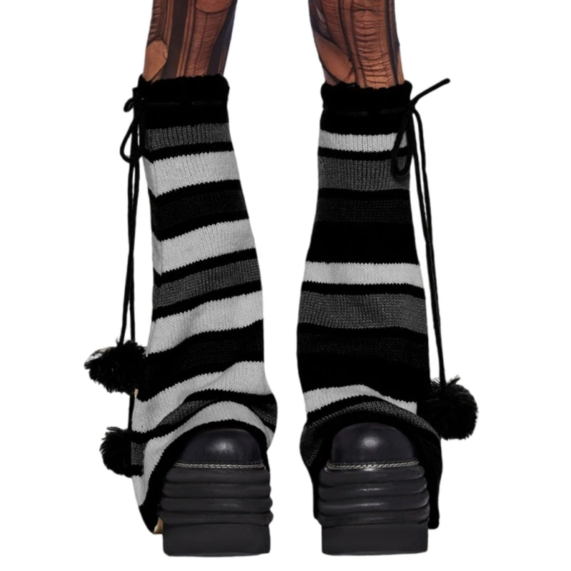 

Harajuku Sweet Girl Leg Warmers with Hairy Balls for Cosplay and Daily Use Asymmetrical Striped Flared Boot Covers Socks