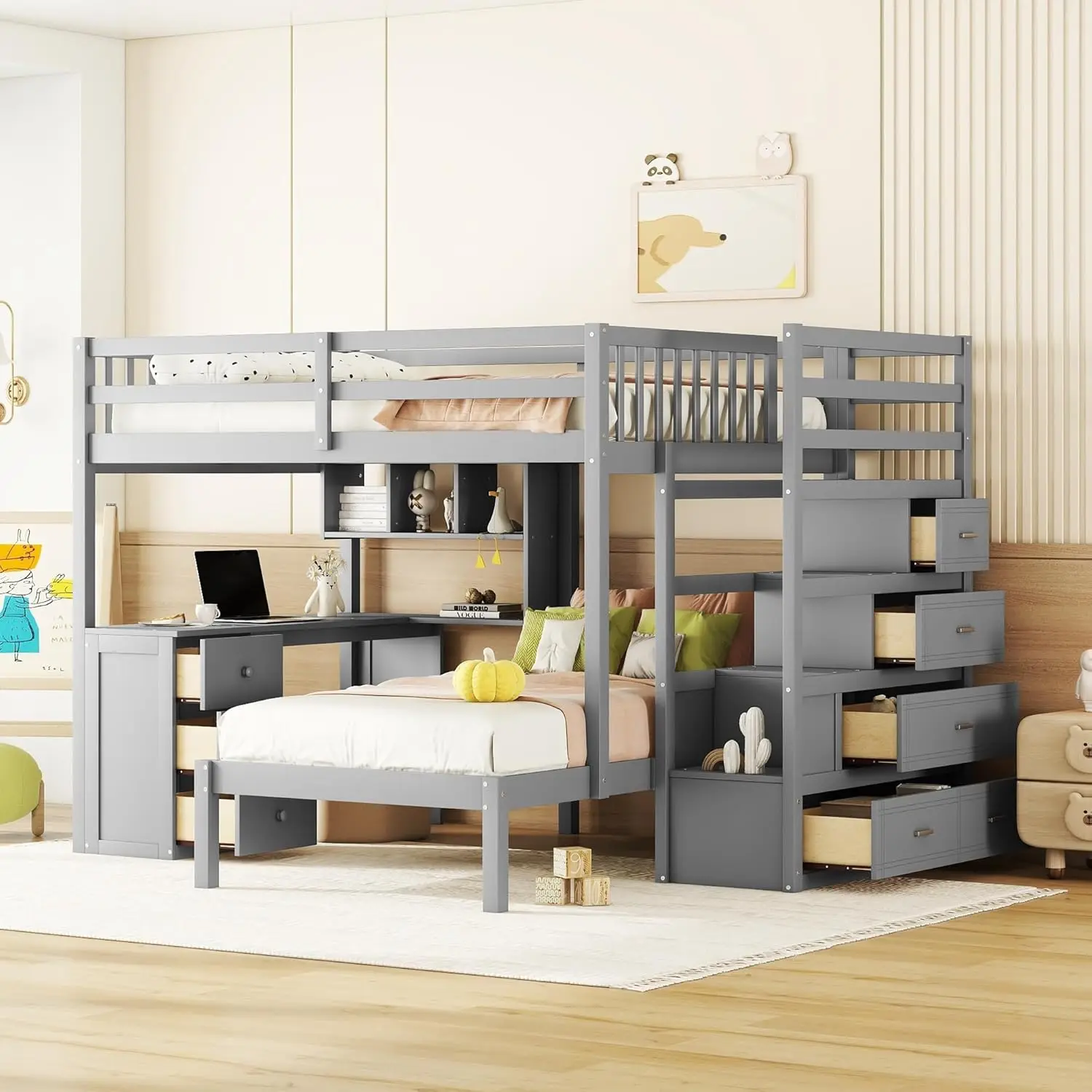 Modern Full Over Twin Bunk Bed with Built-in Desk and Shelves, L-Shape Solid Wood Bunk Bed Frame with Storage Staircase