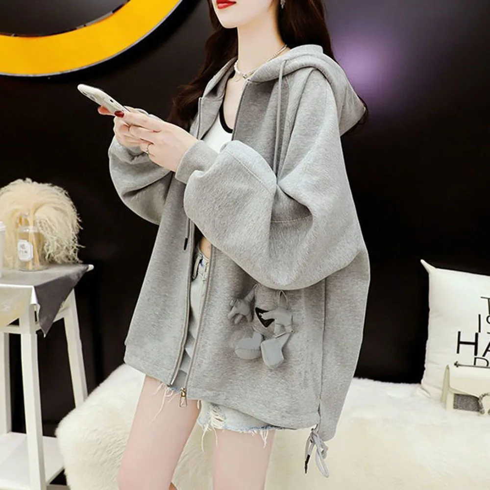 Korean Style Cute 3D Doll Women Gray Hoodie Coats Autumn Loose Zipper Sweatshirts Jacket Womens Female Casual Short Hoodeds Tops