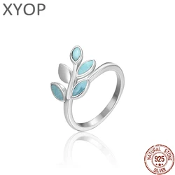 Fashion Natural Precious Stone Larimar 925 Sterling Silver Ring Olive Tree Branch Leaves Ring for Women Charms Jewelry