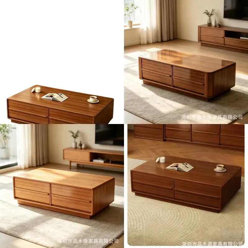 Medieval Solid Wood Tea Table with Many Drawers Large Capacity Storage Rounded Corner Invisible Handle for Household Living