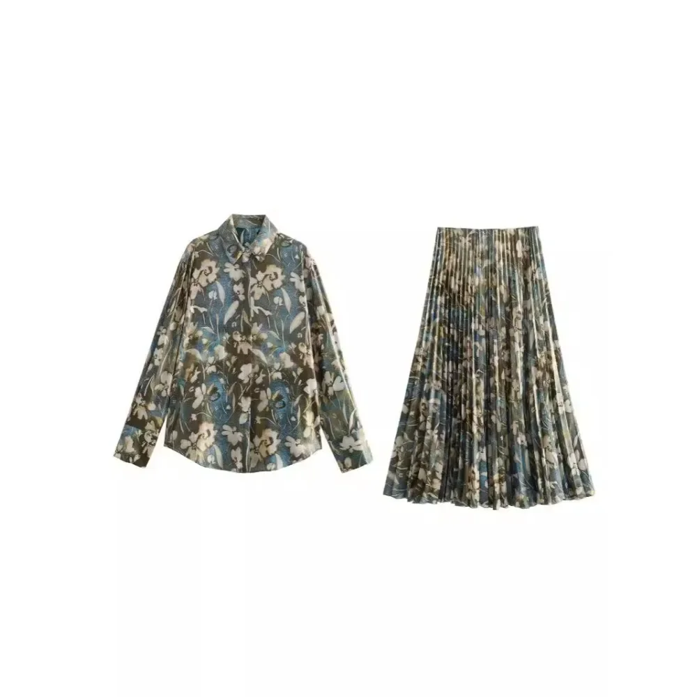 2024 Spring/summer New Fashion Casual Printed Shirt + Printed Pleated Skirt Two-piece Set