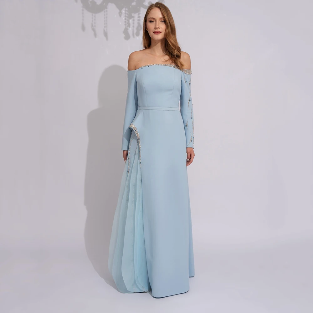 

Небесно-голубое вечернее платье из джерси с вырезом лодочкой по индивидуальному заказу, вечернее платье с длинными рукавами и кристаллами, драпированное вечернее платье трапециевидной формы длиной до пола, платье для выпускного вечера