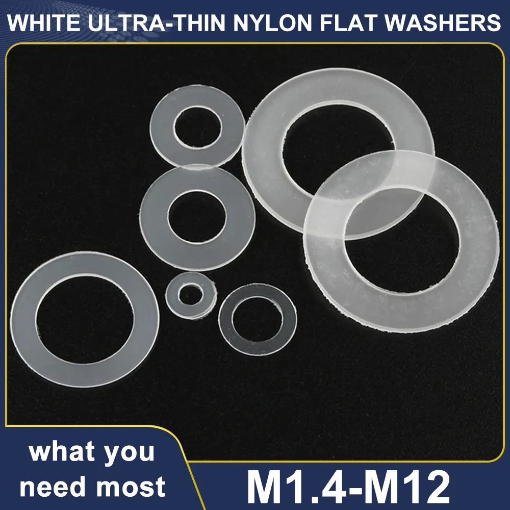 M1.4 M1.7 M2 M3 M4--M12 White Ultra-Thin Nylon Plastic Flat Washers Insulating Wear-Resistant Plain Gasket Sealing Ring Spacer