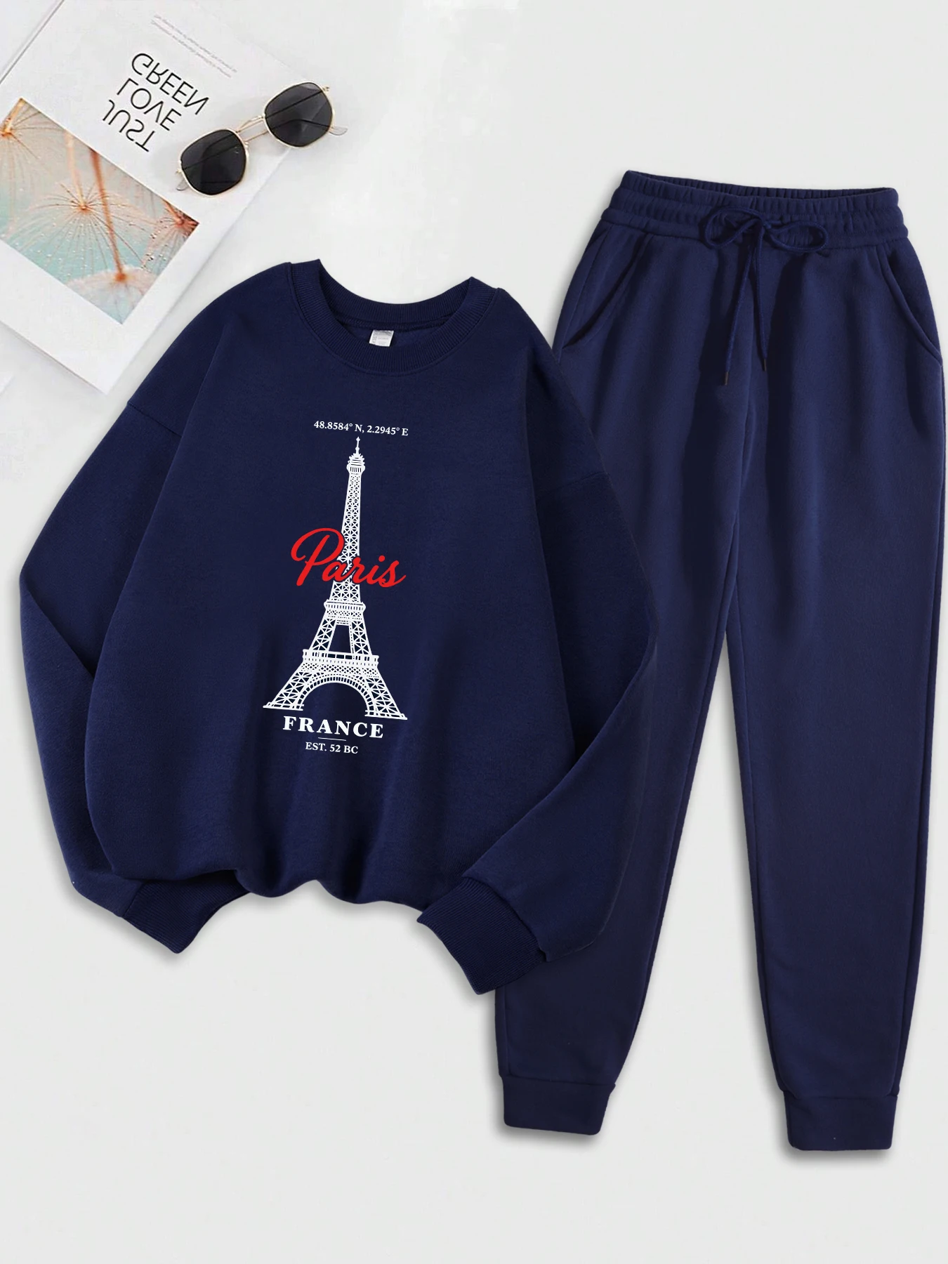 

Франция, Париж, Эйфелева башня с принтом, женский комплект свитшотов, свободный флисовый костюм, универсальная одежда Y2K, разноцветная повседневная женская спортивная одежда