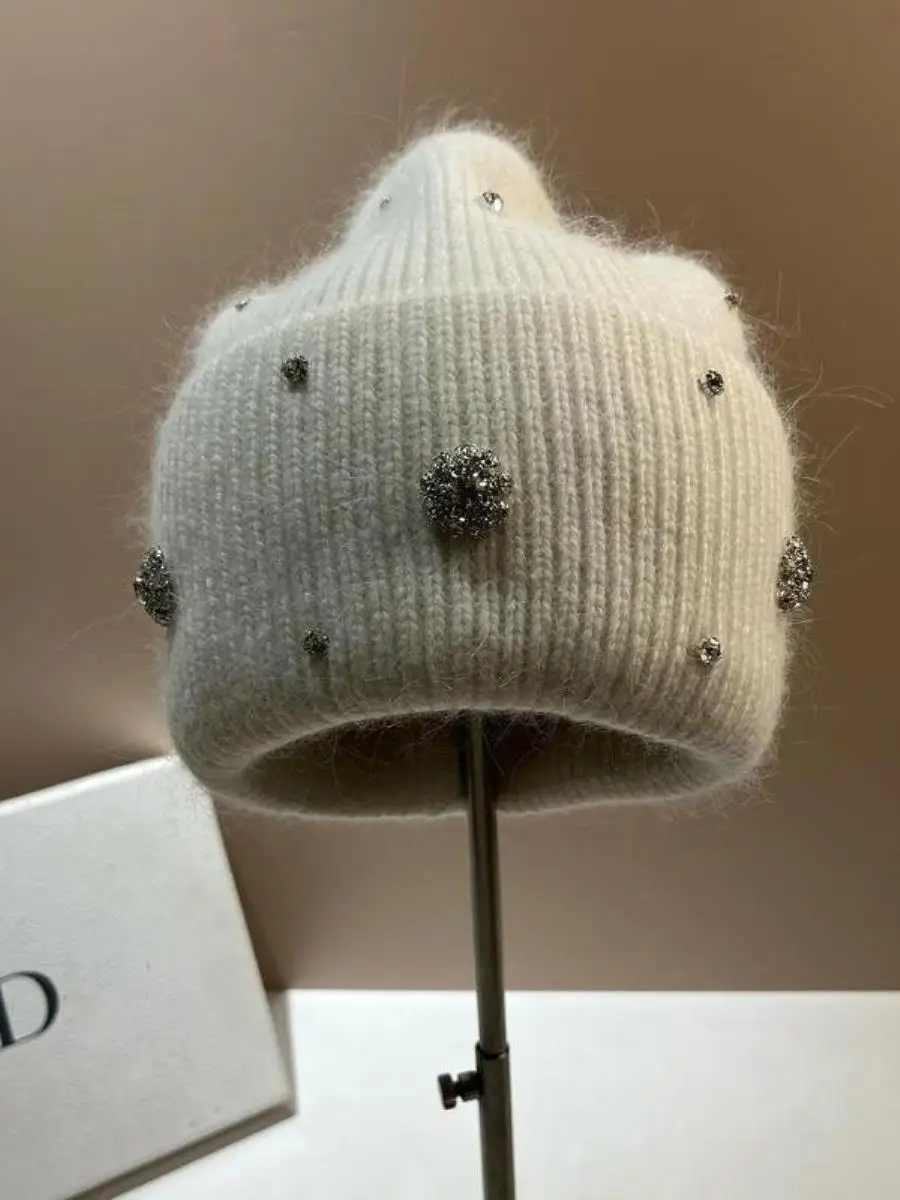 韓国ファッションラインストーンニット帽女性冬大型ヘッドサイズウール屋外厚手暖かいオーバーヘッド3点セット