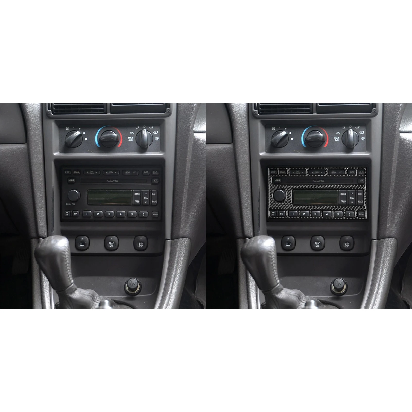 ألياف الكربون الحقيقية اكسسوارات السيارات مركز وحدة التحكم راديو غطاء لوحة ملصق لينة لفورد موستانج 4th الجنرال 2001 2002 2003 2004 #4