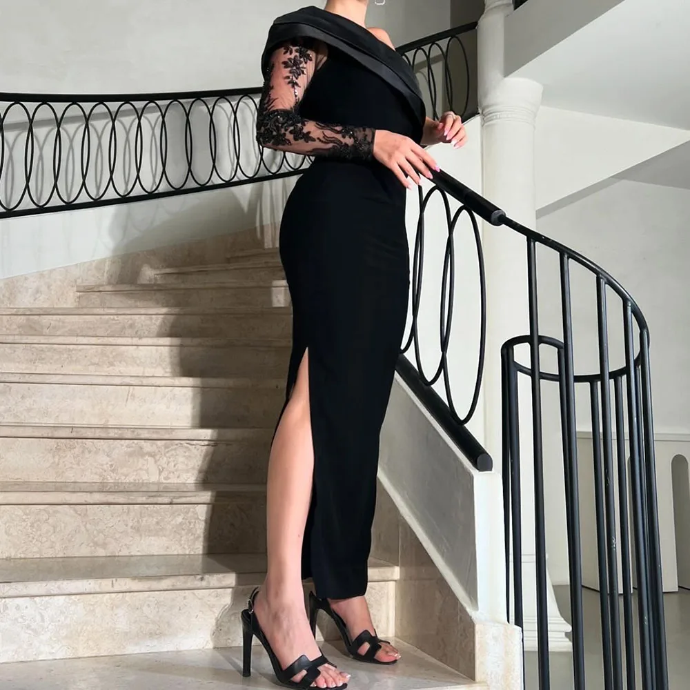 

Customized Straight Evening Dresses Ankle-Length One-Shoulder Full Sleeve Prom Gown Fashion Lace Side Split Backless Party Gown