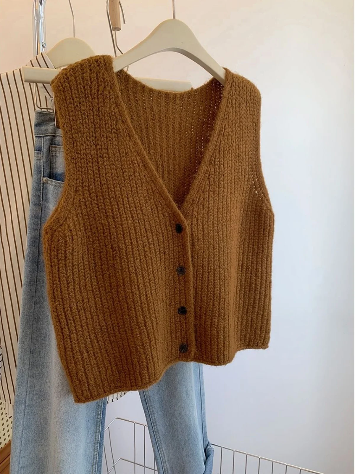 Chaleco de Punto con Cuello en V para Mujer, Ropa de Abrigo de Invierno 2025, Nuevo Suéter de Otoño e Invierno, Cárdigan Abierto