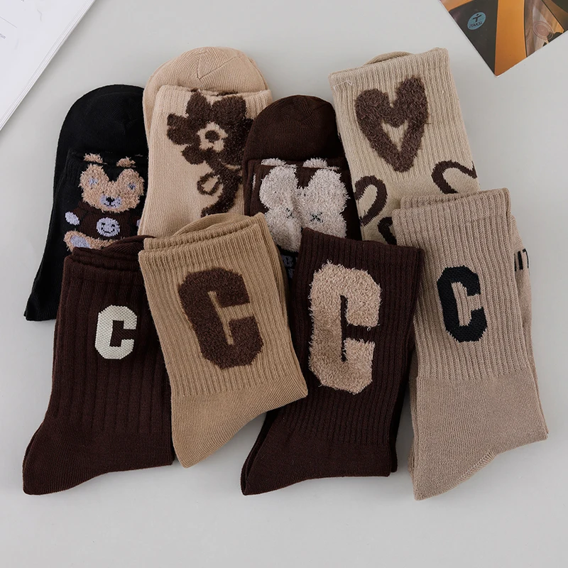 1/5/10/15/20 Pairs Random Women's Autumn Winter Cartoon Letter Pattern Comfortable Breathable Mid‑Calf Socks