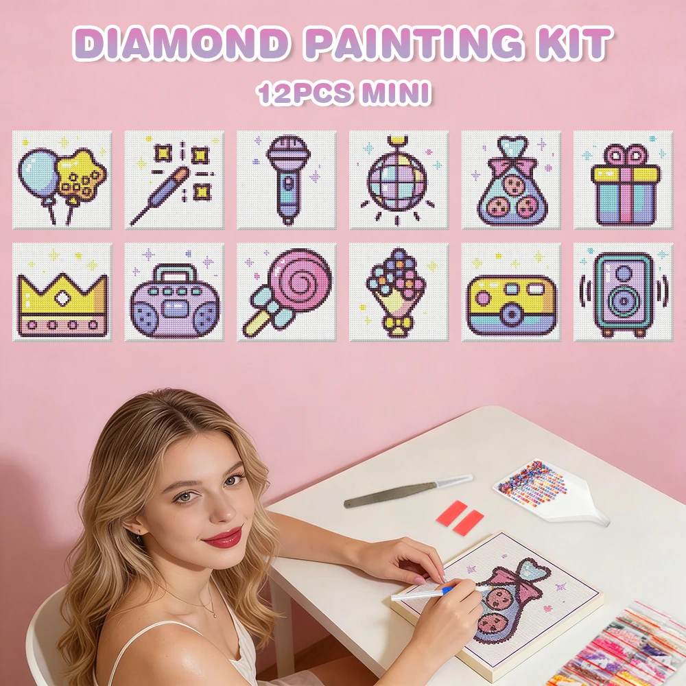 12-teiliges MINI Diamant-Stickerei-Set, Radio-Mosaik Lollipop DIY Vollrund-Diamantmalerei-Kit, Cartoon-Ballon Handgemachtes Geschenk