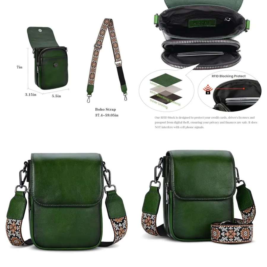 

Leather Small Crossbody Bags for Women RFID Blocking Cell Phone Purse Anti-Theft Travel Bag with wide Straps