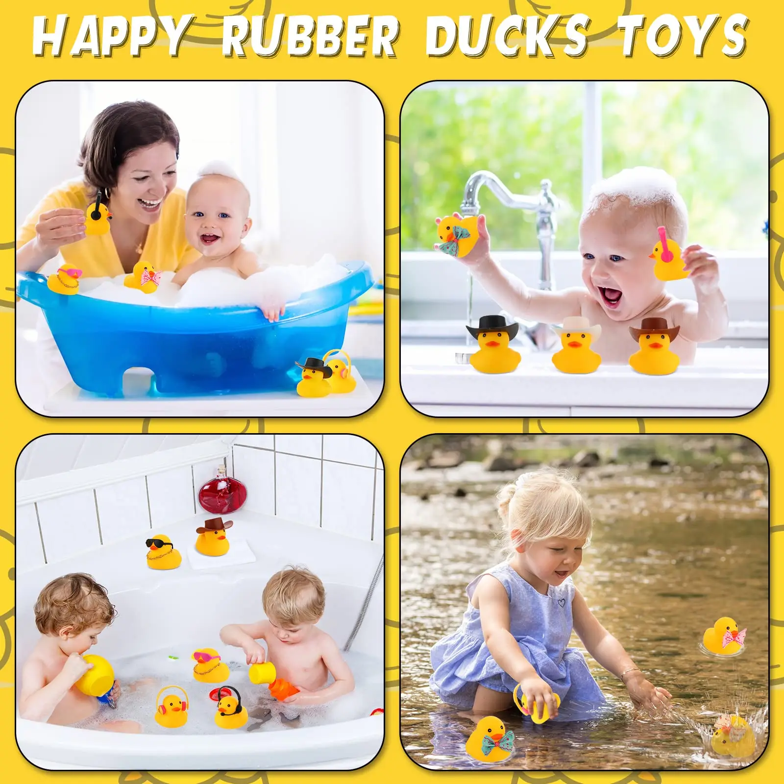 48 Pcs Rubber Duck Bath Toy Bulk Yellow Duck Car Ornaments with 12 Sunglasses 12 Cowboy Hat 12 Bow 12 Necklace 8 Earphones