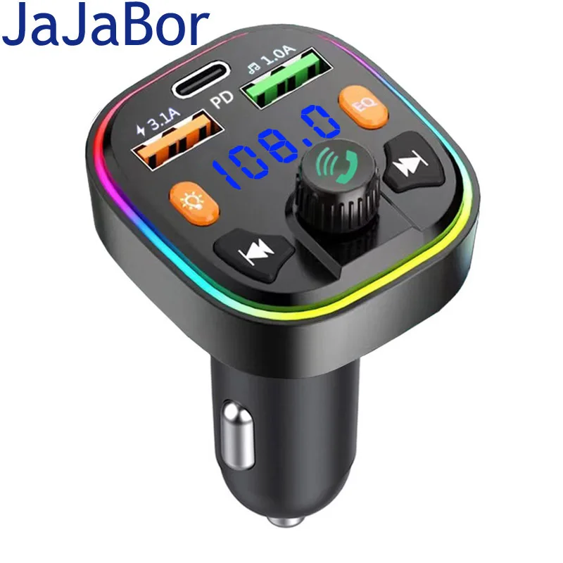 

JaJaBor Car FM Transmitter USB Disk Playback Type C PD 18W 3.1A USB Fast Charging Handsfree Bluetooth 5.0 Car Kit FM Modulator