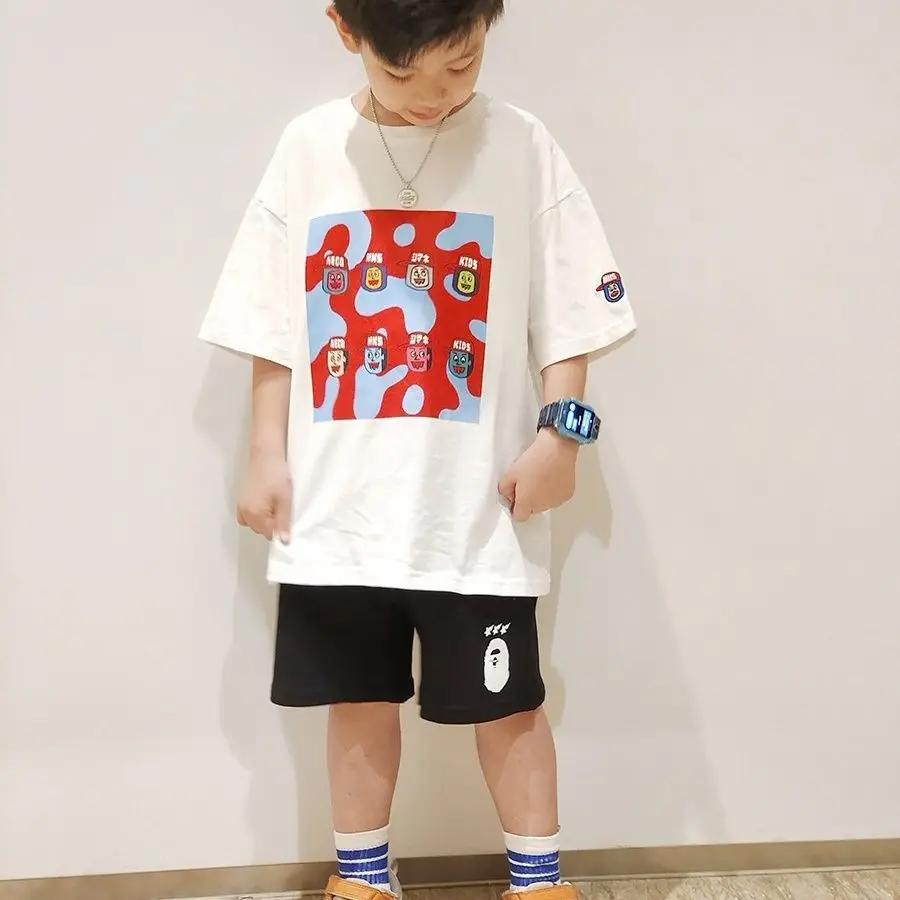 Japanese Style Boys' Summer Cotton T-Shirt Vibrant Graffiti Print Short Sleeve Kids Tee 100% Cotton Casual Summer Clothing