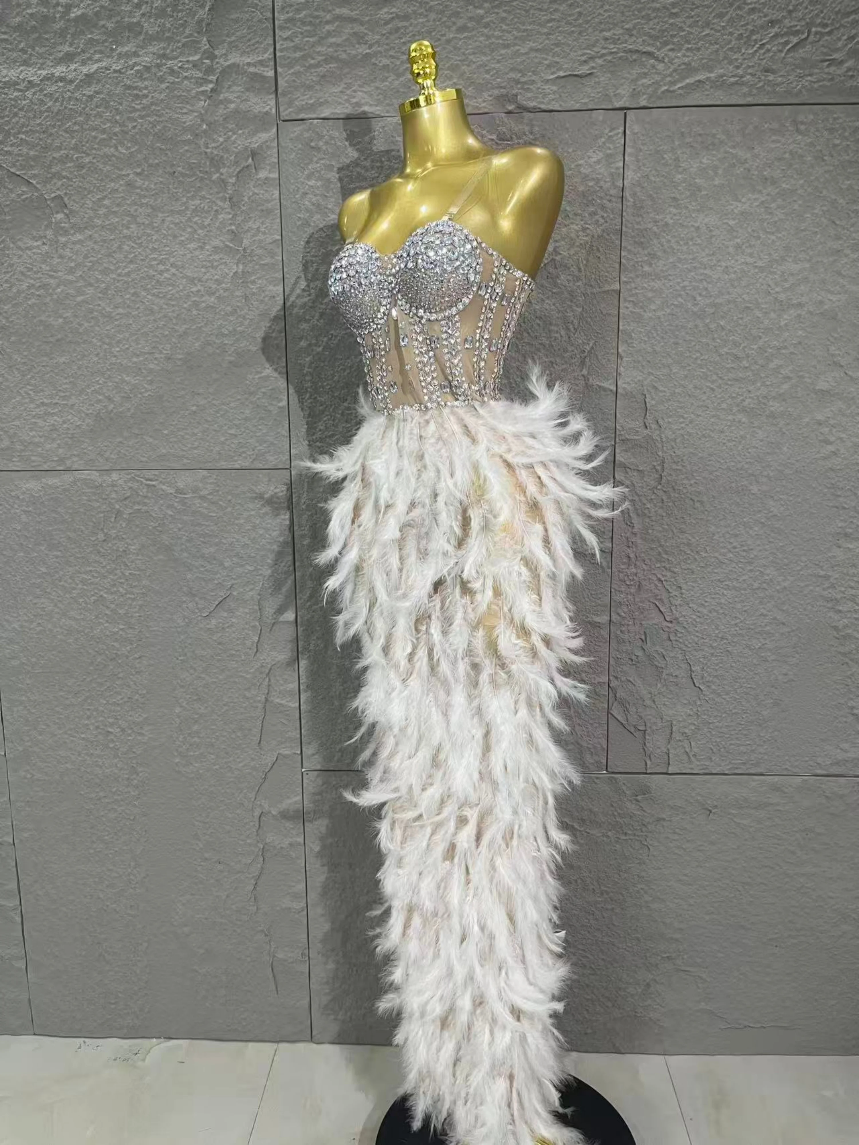 Robe longue en maille, plumes de strass scintillants sophistiquées, Sexy, soirée, spectacle d'anniversaire, séance photo, Costume de tapis rouge