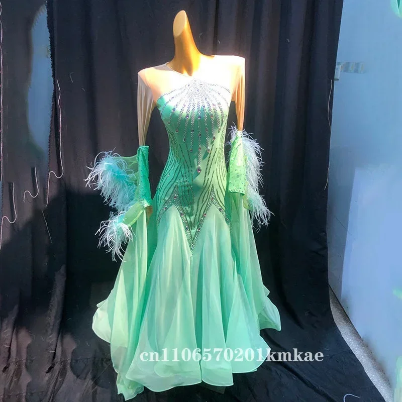 Women's Flowy Mint Green Ballroom Competition Dress with Sheer Mesh Long Sleeves Feathers Rhinestones for Waltz Tango