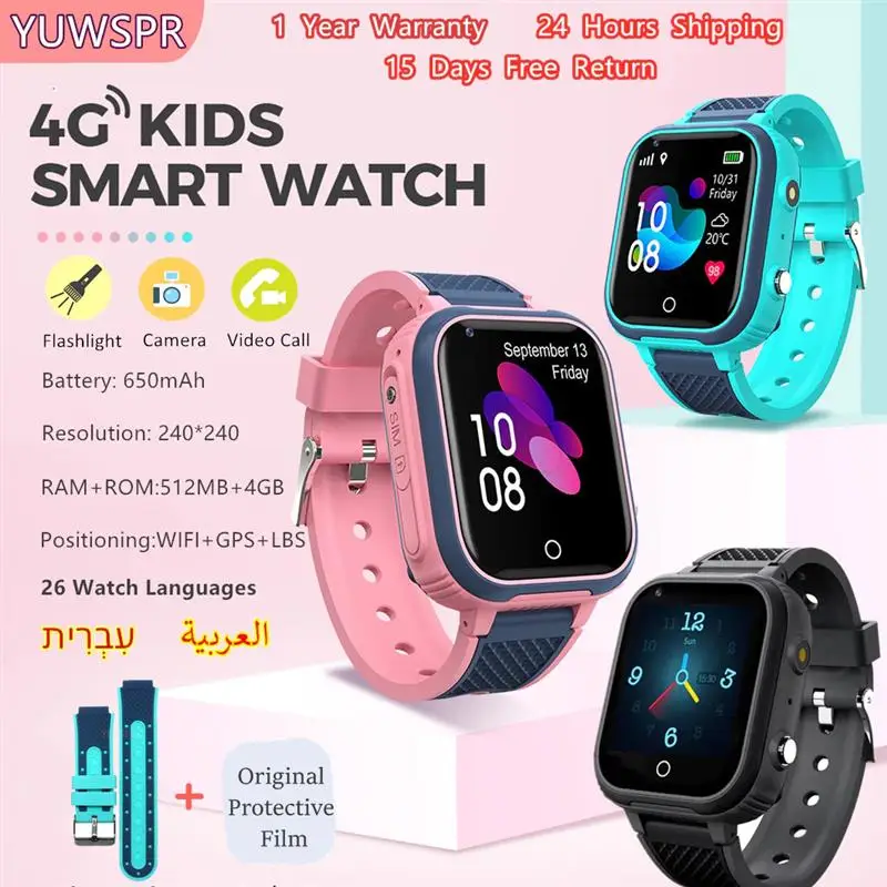 Top! 4G Kids Smart Watch Phone GPS Tracker Children Watch Waterproof Video Call Remote Listen GPS LBS WIFI With Hebrew Clock CE