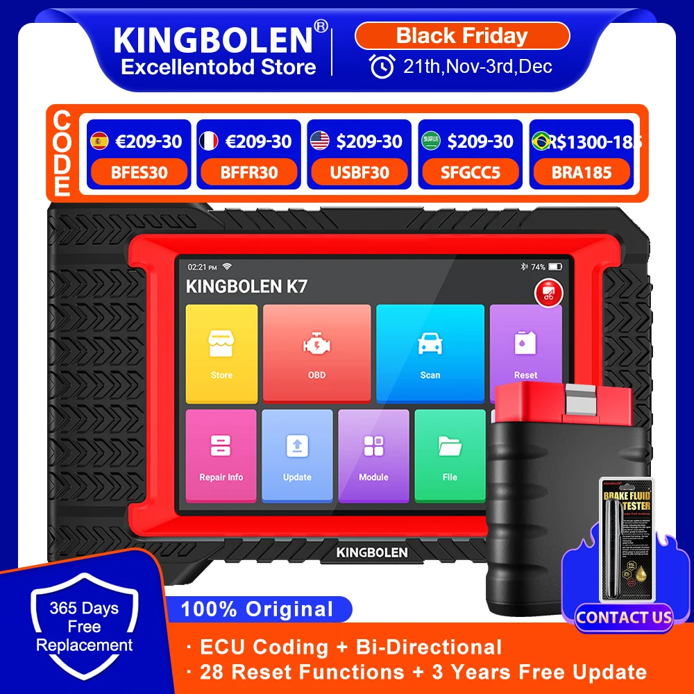 KINGBOLEN-Tableta K7 de 7 pulgadas, herramienta de diagnóstico IMMO AF 28, reajustes ECU, codificación bidireccional, 3 años gratis, pk Thinkscan