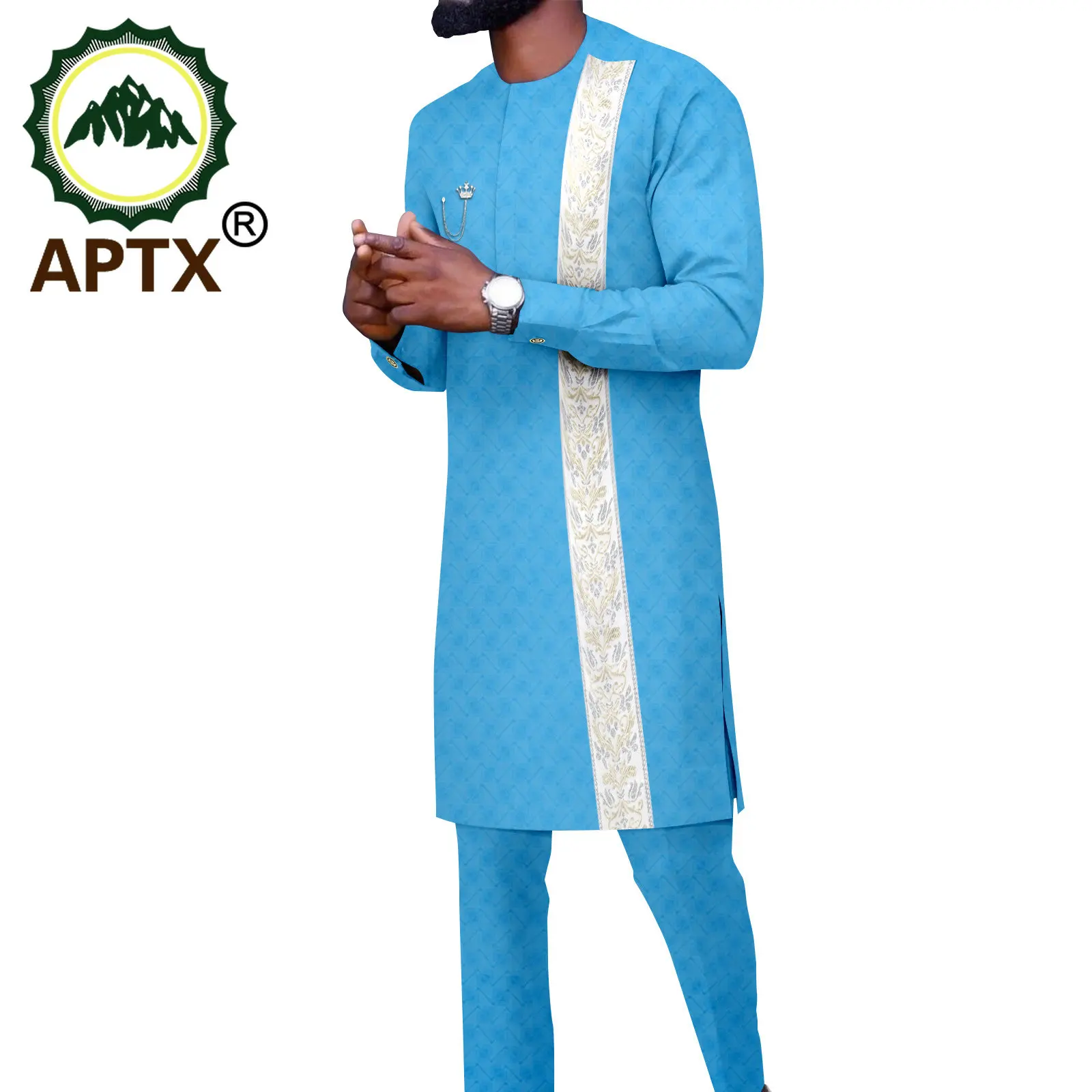 APTX African Man Clothing Set 2 Pieces Long Top+Full Length Slim Pants Casual Men's Suit Jacquard Fabric A2216162