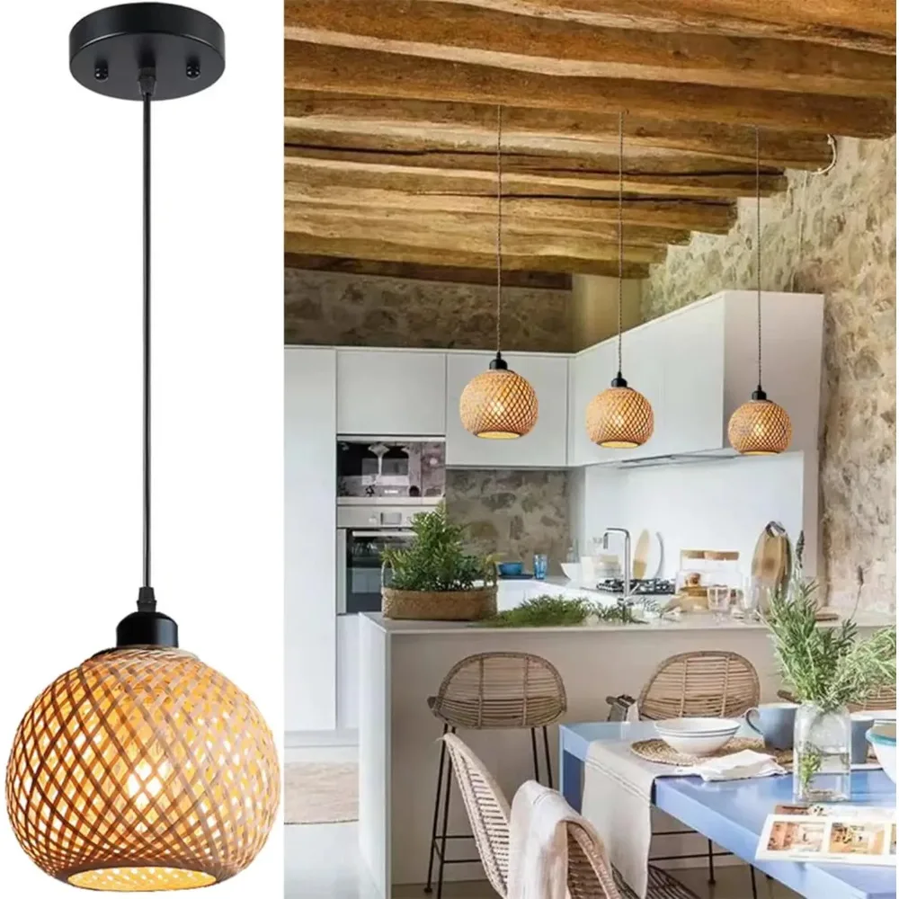 

Bamboo Pendant Light Handmade Wicker Ceiling Lamp Rustic Hanging Light Fixture Boho Chandelier Dining Room Lighting Home Decor