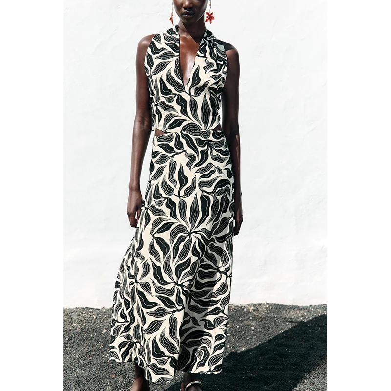 여름 신상 섹시 백리스 브이넥 더블 브레스티드 믹스 드레이프 넥 미디 드레스 우아한 하이웨이스트 민소매 롱 스커트 프린트 가운